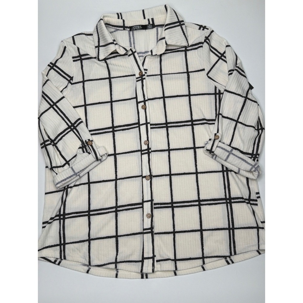 NWT CURE Black White Grid Pattern Collared Button Down‎ Shirt Women's Size M
